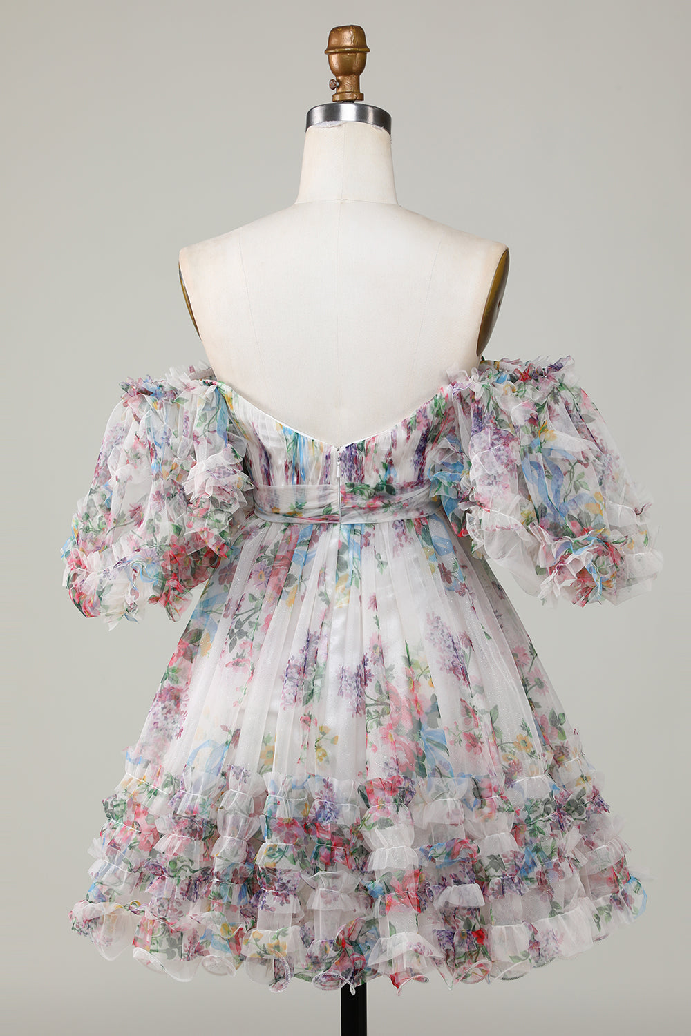 Blue Homecoming Dresses Puff Sleeves A-Line Floral Short Cocktail Dresses with Ruffles