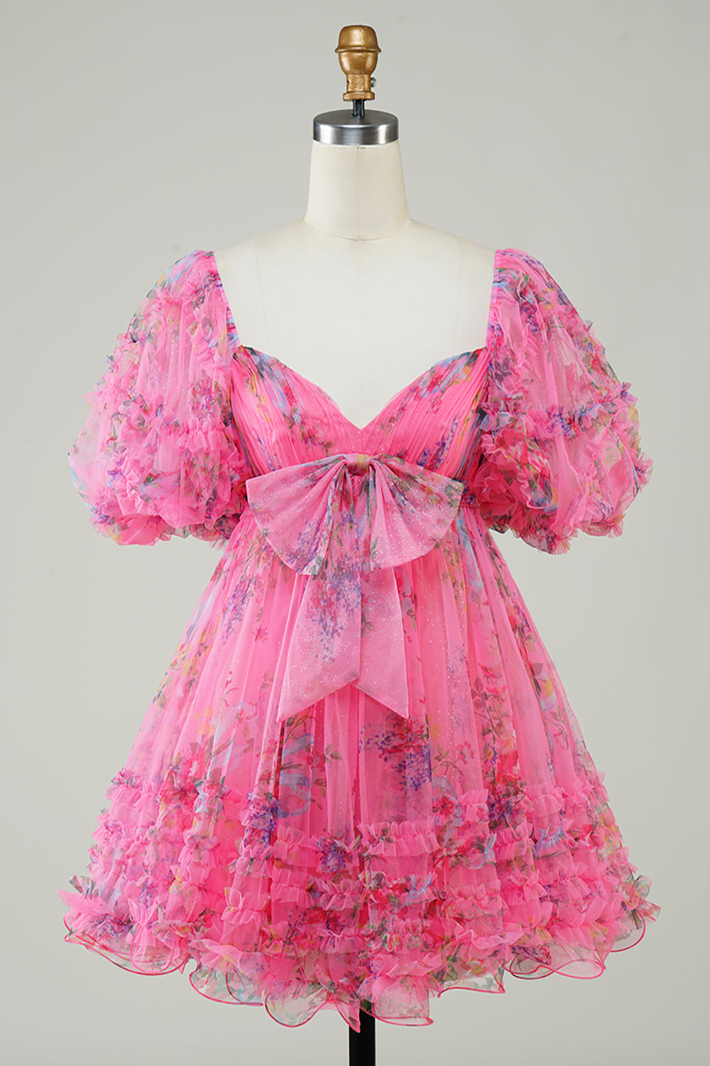 Blue Homecoming Dresses Puff Sleeves A-Line Floral Short Cocktail Dresses with Ruffles