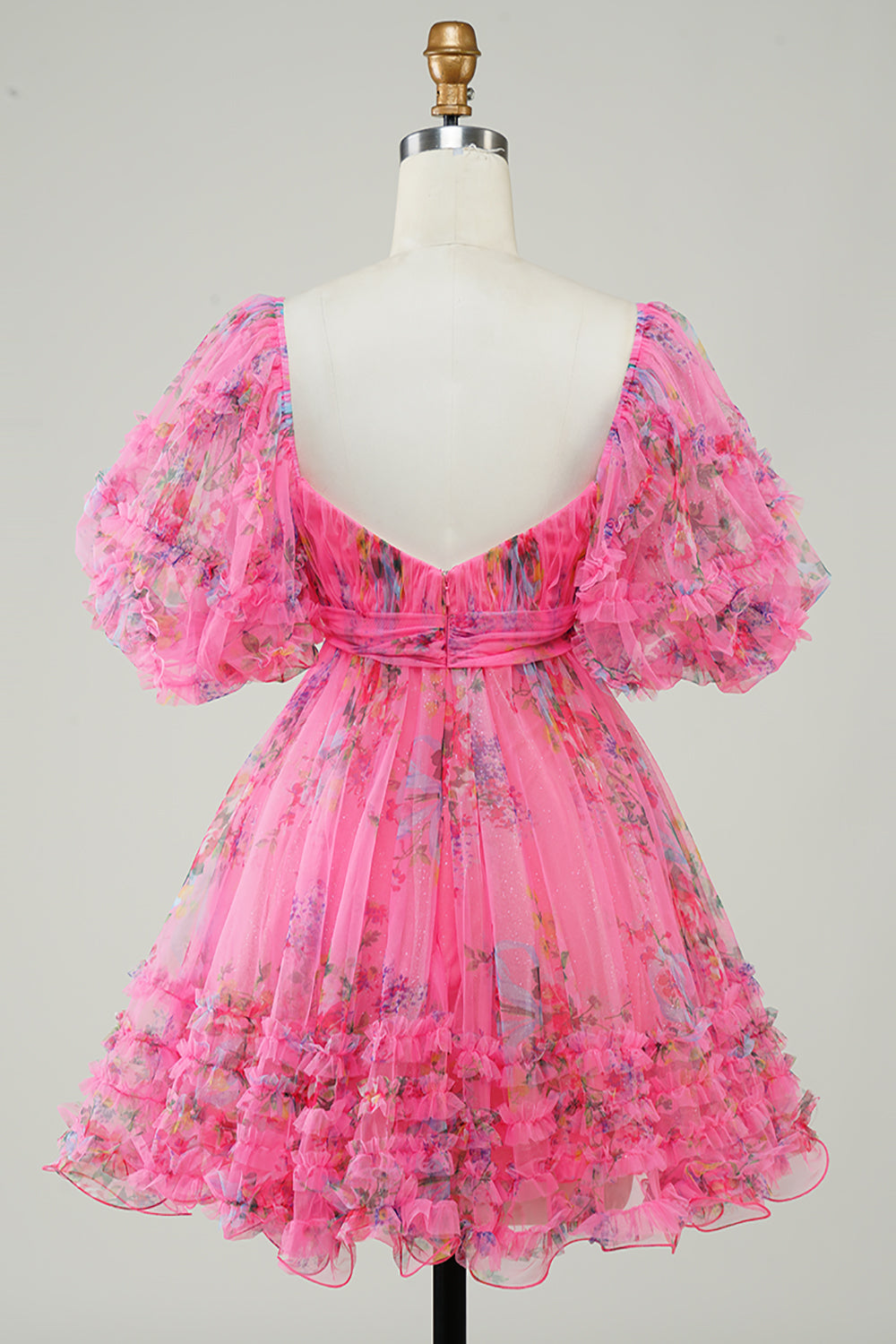 Blue Homecoming Dresses Puff Sleeves A-Line Floral Short Cocktail Dresses with Ruffles