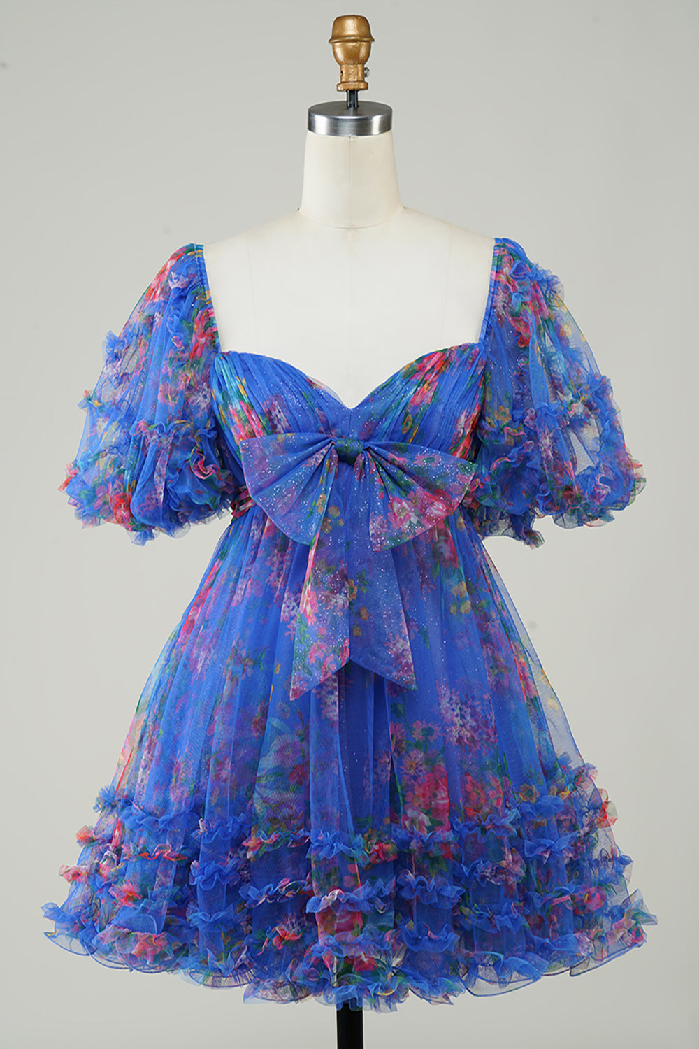 Blue Homecoming Dresses Puff Sleeves A-Line Floral Short Cocktail Dresses with Ruffles