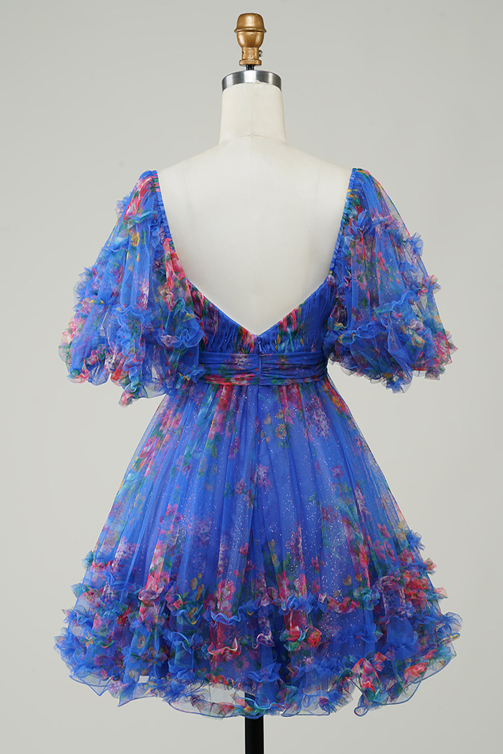 Blue Homecoming Dresses Puff Sleeves A-Line Floral Short Cocktail Dresses with Ruffles