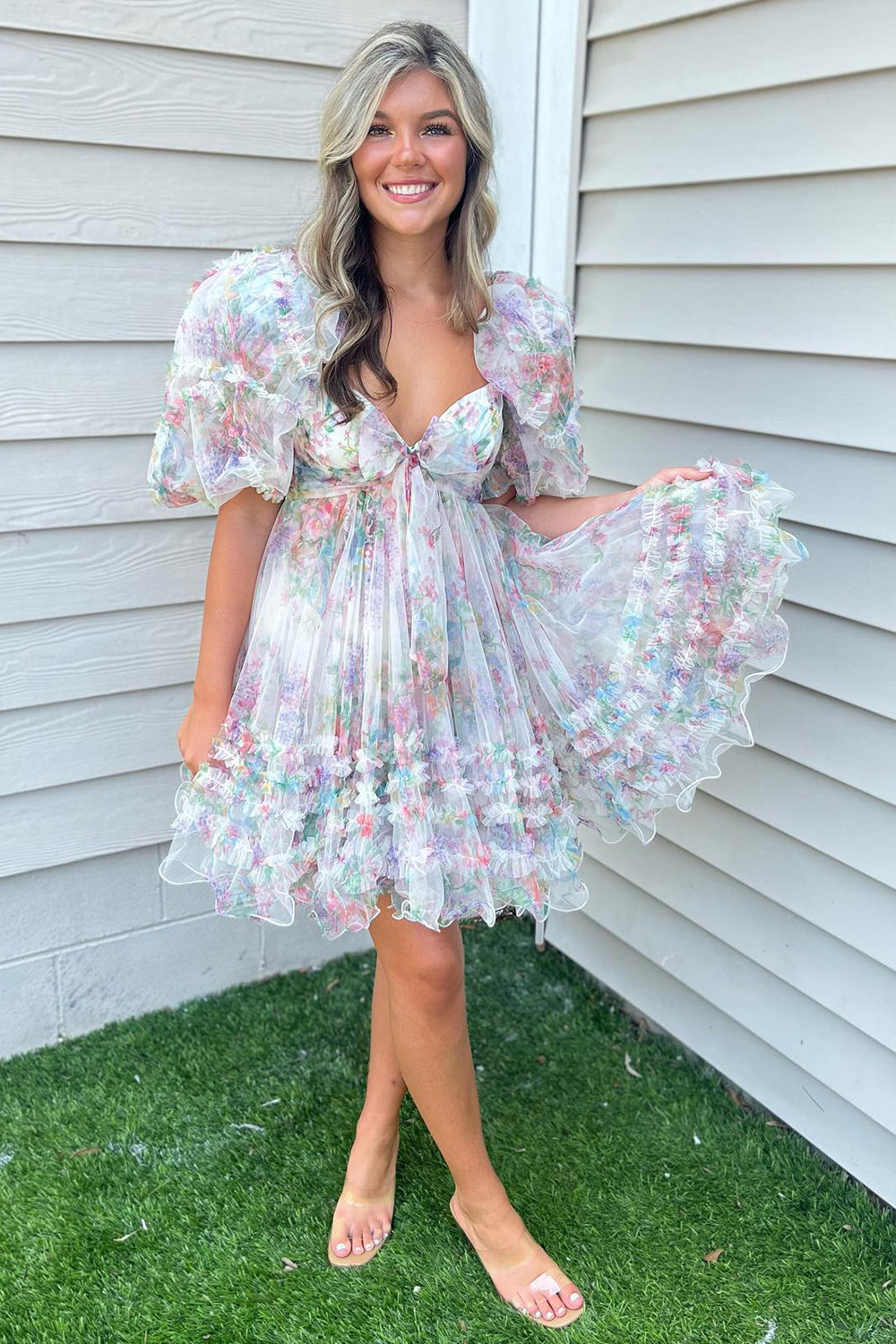 Blue Homecoming Dresses Puff Sleeves A-Line Floral Short Cocktail Dresses with Ruffles