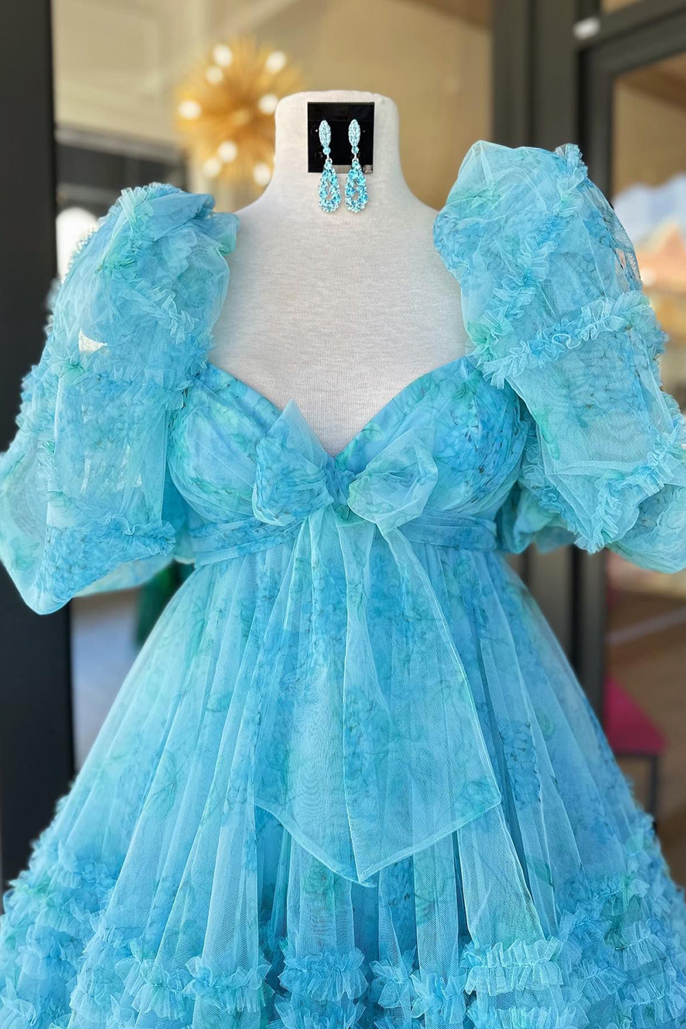 Blue Homecoming Dresses Puff Sleeves A-Line Floral Short Cocktail Dresses with Ruffles