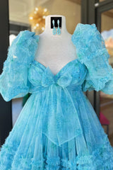 Blue Homecoming Dresses Puff Sleeves A-Line Floral Short Cocktail Dresses with Ruffles