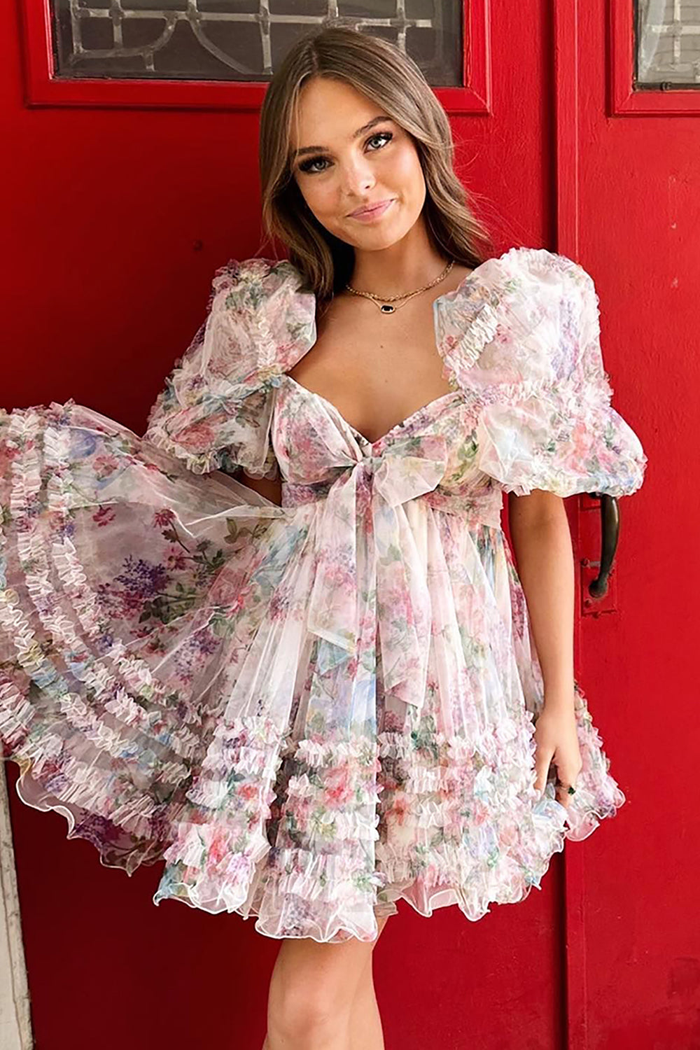Blue Homecoming Dresses Puff Sleeves A-Line Floral Short Cocktail Dresses with Ruffles