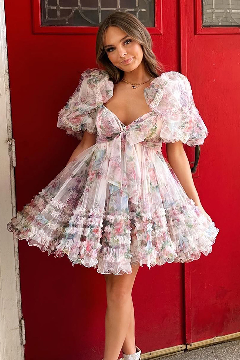Blue Homecoming Dresses Puff Sleeves A-Line Floral Short Cocktail Dresses with Ruffles