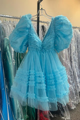 Blue Homecoming Dresses Ruffled A Line Short Cocktail Dresses