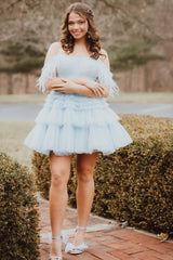 Blue Homecoming Dresses Ruffled Short Cocktail Dresses With Feathers