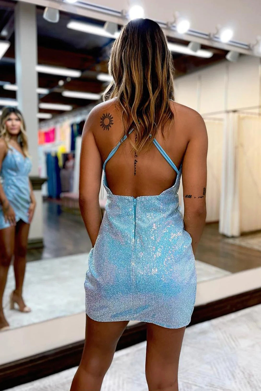 Blue Homecoming Dresses Sequin Asymmetrical Tight Short Cocktail Dresses