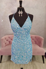 Blue Homecoming Dresses Sequin Backless Tight Cocktail Dresses