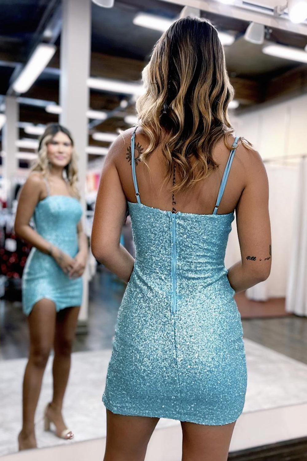 Blue Homecoming Dresses Sequin Tight Short Cocktail Dresses with Slit