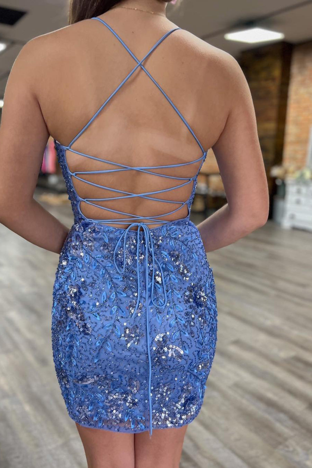 Blue Homecoming Dresses Sequined Beaded Backless Tight Short Cocktail Dresses