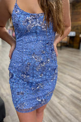 Blue Homecoming Dresses Sequined Beaded Backless Tight Short Cocktail Dresses