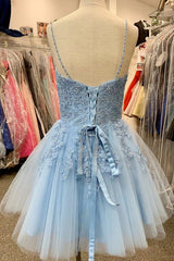 Blue Homecoming Dresses Spaghetti Straps Cocktail Dresses With Appliques