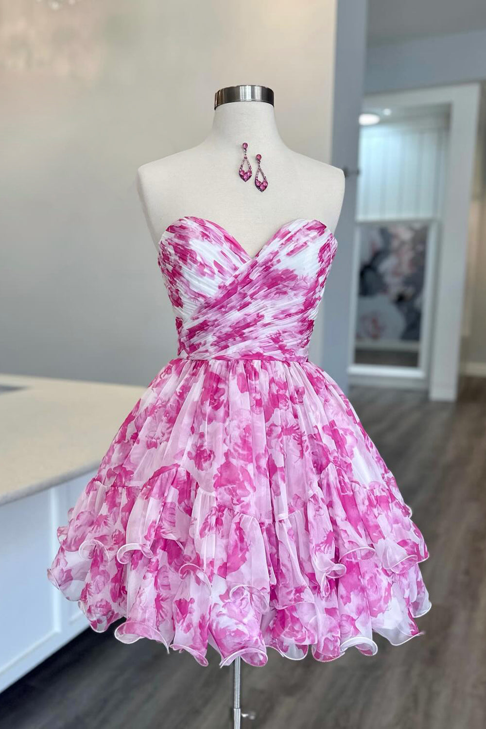 Blue Homecoming Dresses Sweetheart A Line Printed Tiered Cocktail Dresses