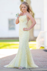 Blue Lace Mermaid Backless Prom Dress Tulle Evening Dress