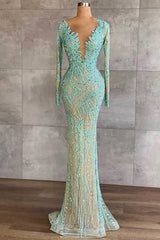 Blue Long Sleeve Mermaid Prom Dress Crew Neck Formal Dress With Beadings