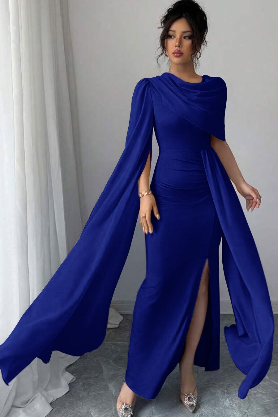 Blue Mermaid Prom Dress Cap Sleeve Crew Neck Satin Formal Dress