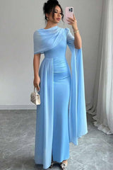 Blue Mermaid Prom Dress Cap Sleeve Crew Neck Satin Formal Dress