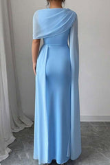 Blue Mermaid Prom Dress Cap Sleeve Crew Neck Satin Formal Dress