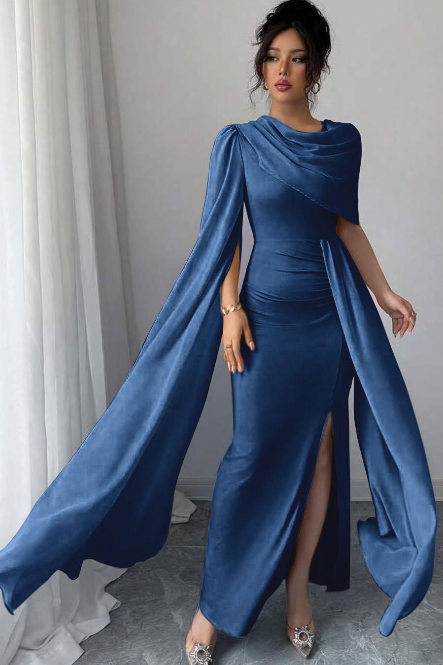 Blue Mermaid Prom Dress Cap Sleeve Crew Neck Satin Formal Dress