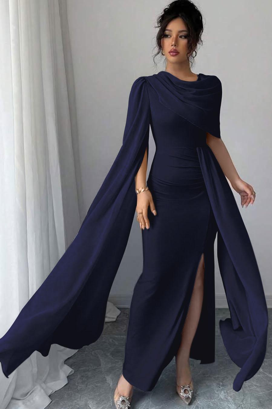Blue Mermaid Prom Dress Cap Sleeve Crew Neck Satin Formal Dress