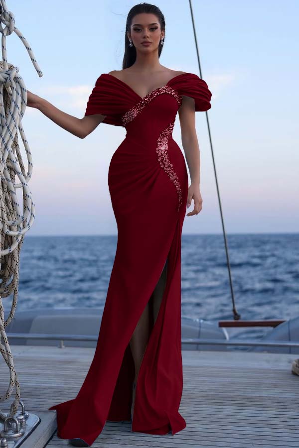 Blue Mermaid Prom Dress Cap Sleeve Off the Shoulder Formal Dress With Beadings