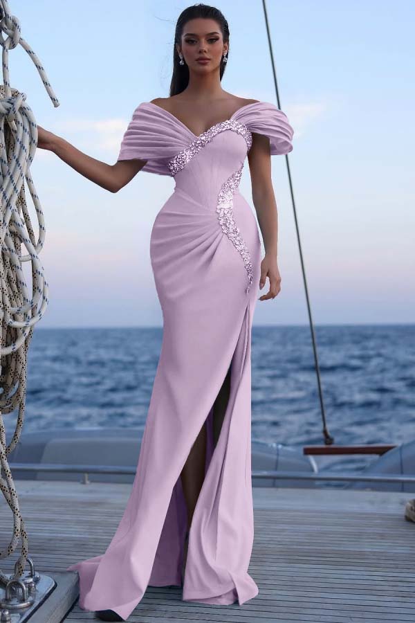Blue Mermaid Prom Dress Cap Sleeve Off the Shoulder Formal Dress With Beadings