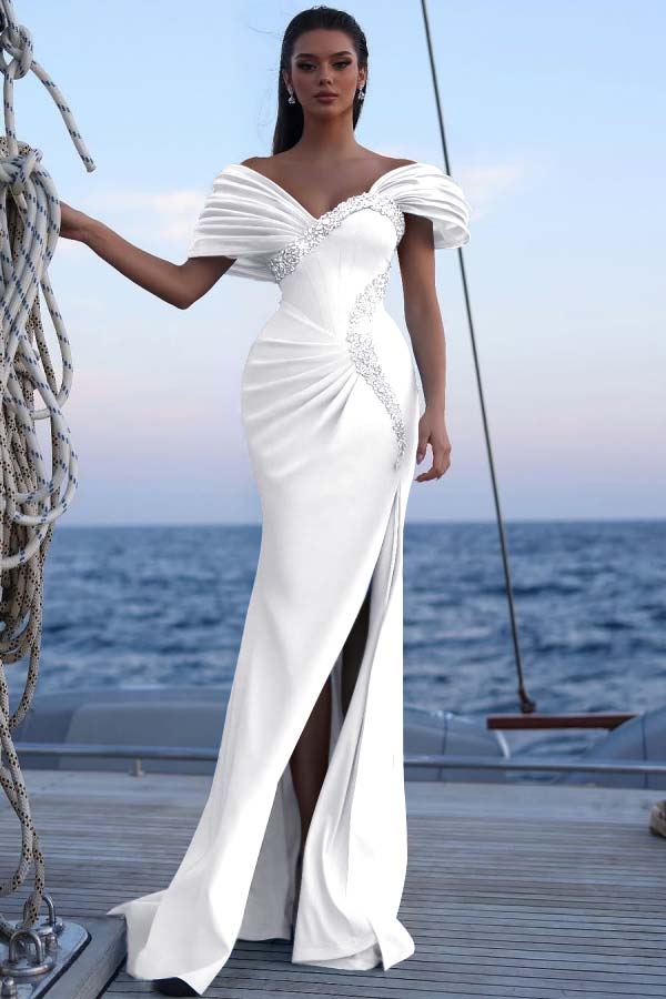 Blue Mermaid Prom Dress Cap Sleeve Off the Shoulder Formal Dress With Beadings