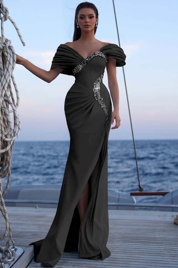 Blue Mermaid Prom Dress Cap Sleeve Off the Shoulder Formal Dress With Beadings