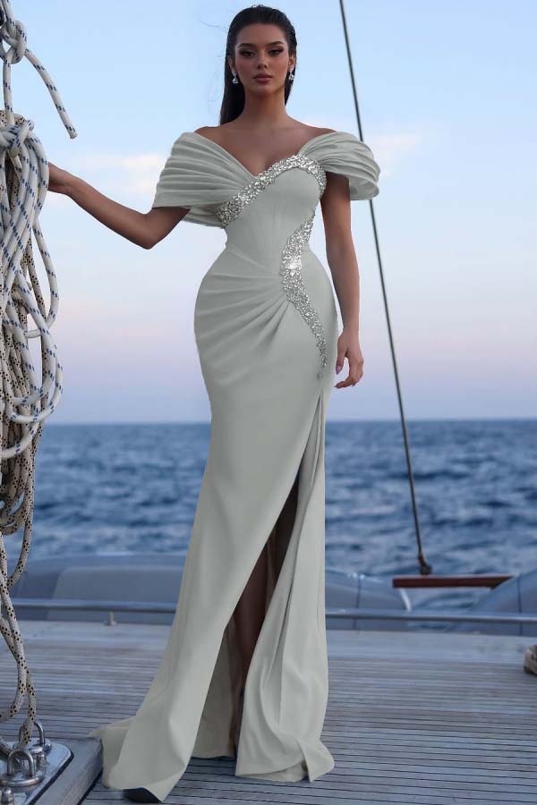 Blue Mermaid Prom Dress Cap Sleeve Off the Shoulder Formal Dress With Beadings