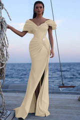 Blue Mermaid Prom Dress Cap Sleeve Off the Shoulder Formal Dress With Beadings