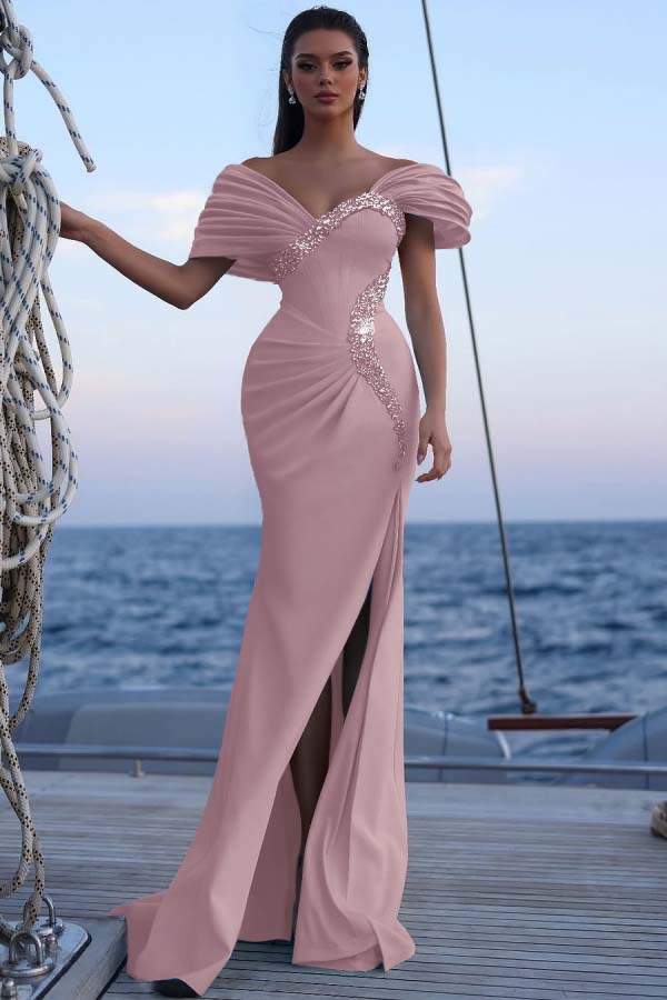 Blue Mermaid Prom Dress Cap Sleeve Off the Shoulder Formal Dress With Beadings