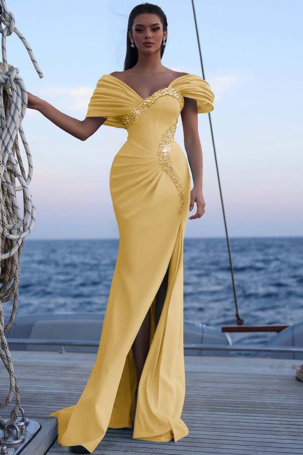 Blue Mermaid Prom Dress Cap Sleeve Off the Shoulder Formal Dress With Beadings