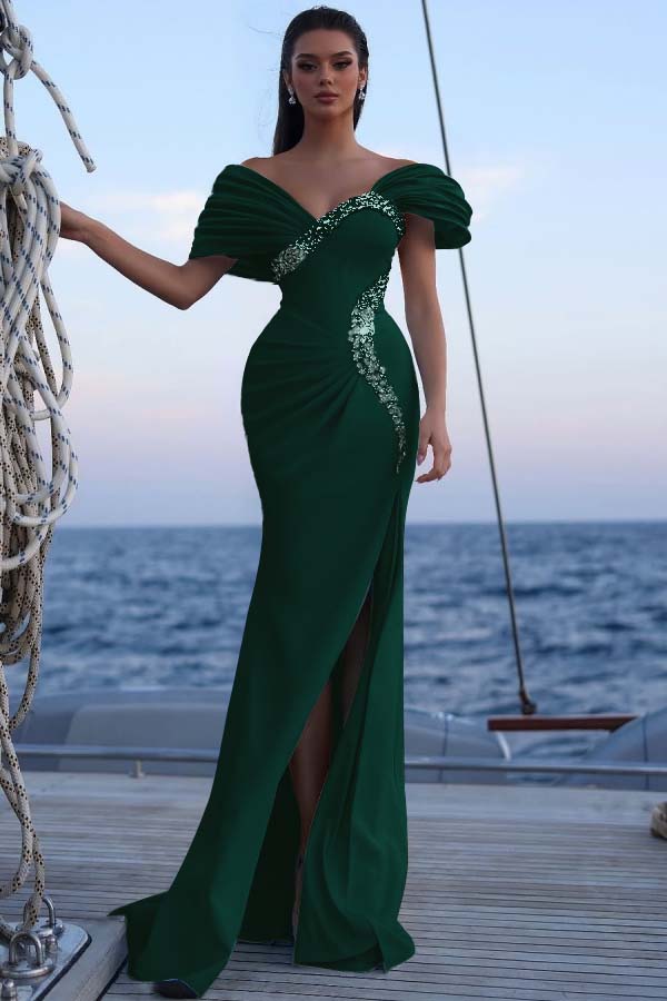 Blue Mermaid Prom Dress Cap Sleeve Off the Shoulder Formal Dress With Beadings