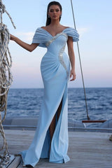 Blue Mermaid Prom Dress Cap Sleeve Off the Shoulder Formal Dress With Beadings