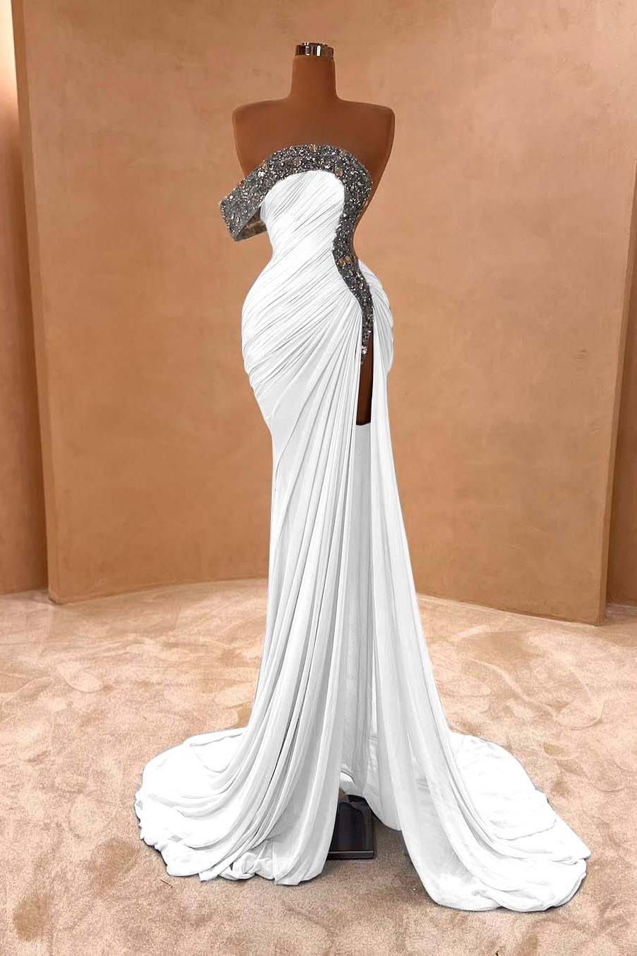 Blue Mermaid Prom Dress Cap Sleeve One Shoulder Formal Dress With Beadings and Rhinestones