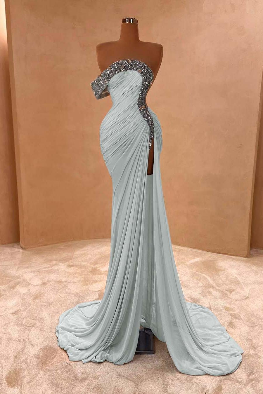 Blue Mermaid Prom Dress Cap Sleeve One Shoulder Formal Dress With Beadings and Rhinestones