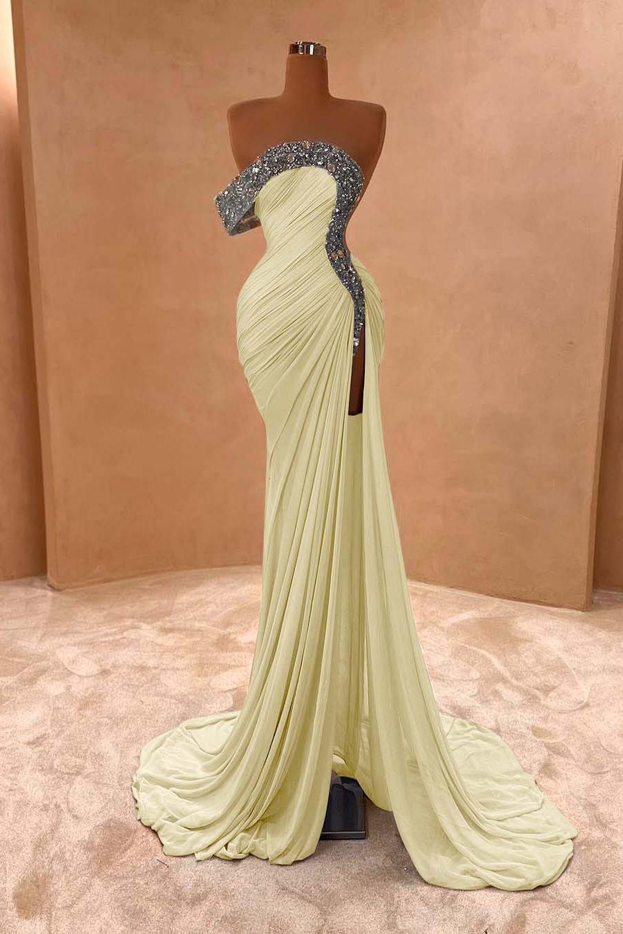 Blue Mermaid Prom Dress Cap Sleeve One Shoulder Formal Dress With Beadings and Rhinestones