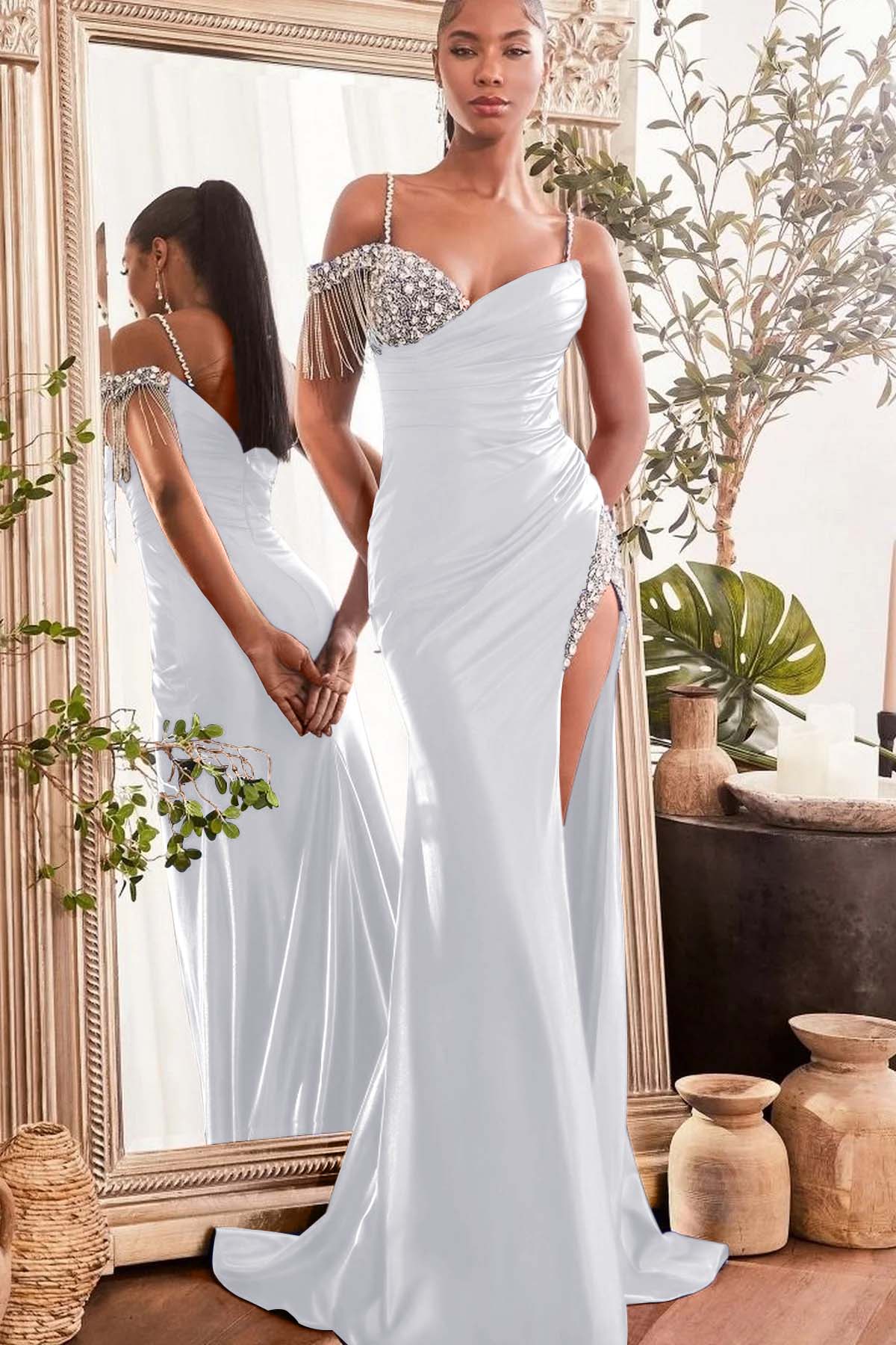 Blue Mermaid Prom Dress Cap Sleeve Spaghetti Straps Formal Dress With Beadings and Rhinestones