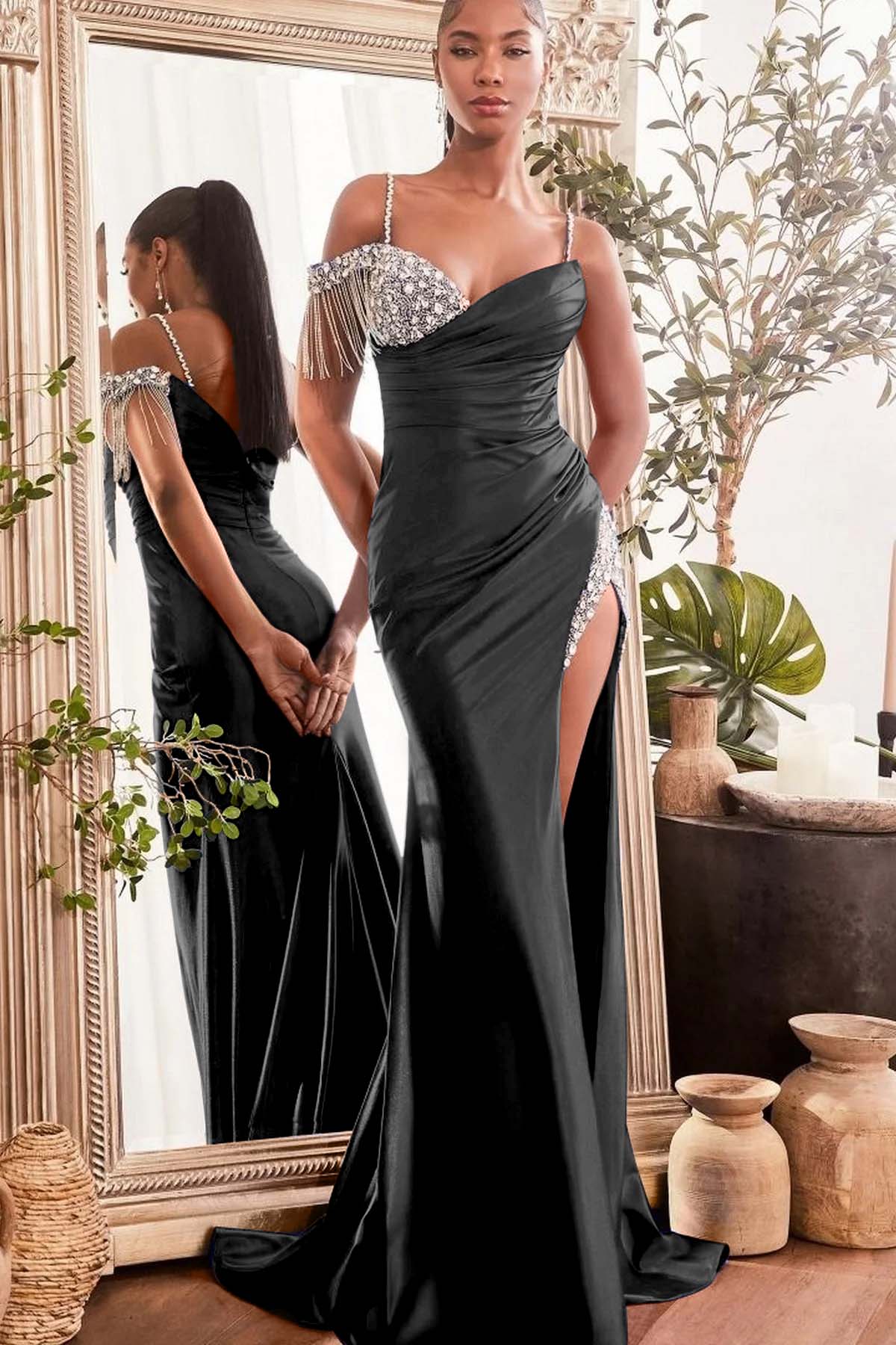 Blue Mermaid Prom Dress Cap Sleeve Spaghetti Straps Formal Dress With Beadings and Rhinestones
