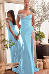 Blue Mermaid Prom Dress Cap Sleeve Spaghetti Straps Formal Dress With Beadings and Rhinestones