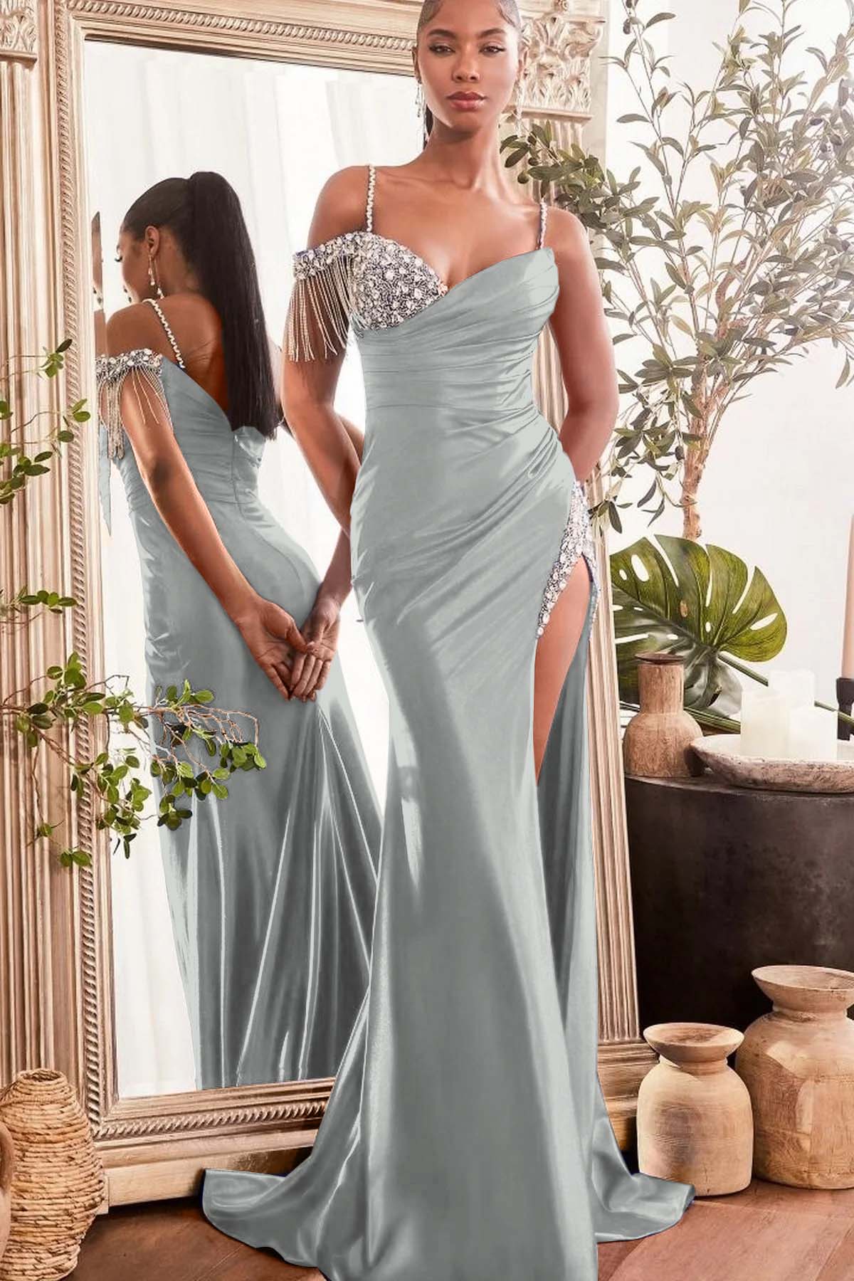 Blue Mermaid Prom Dress Cap Sleeve Spaghetti Straps Formal Dress With Beadings and Rhinestones