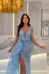 Blue Mermaid Prom Dress Long Sleeve Crew Neck Formal Dress With Beadings