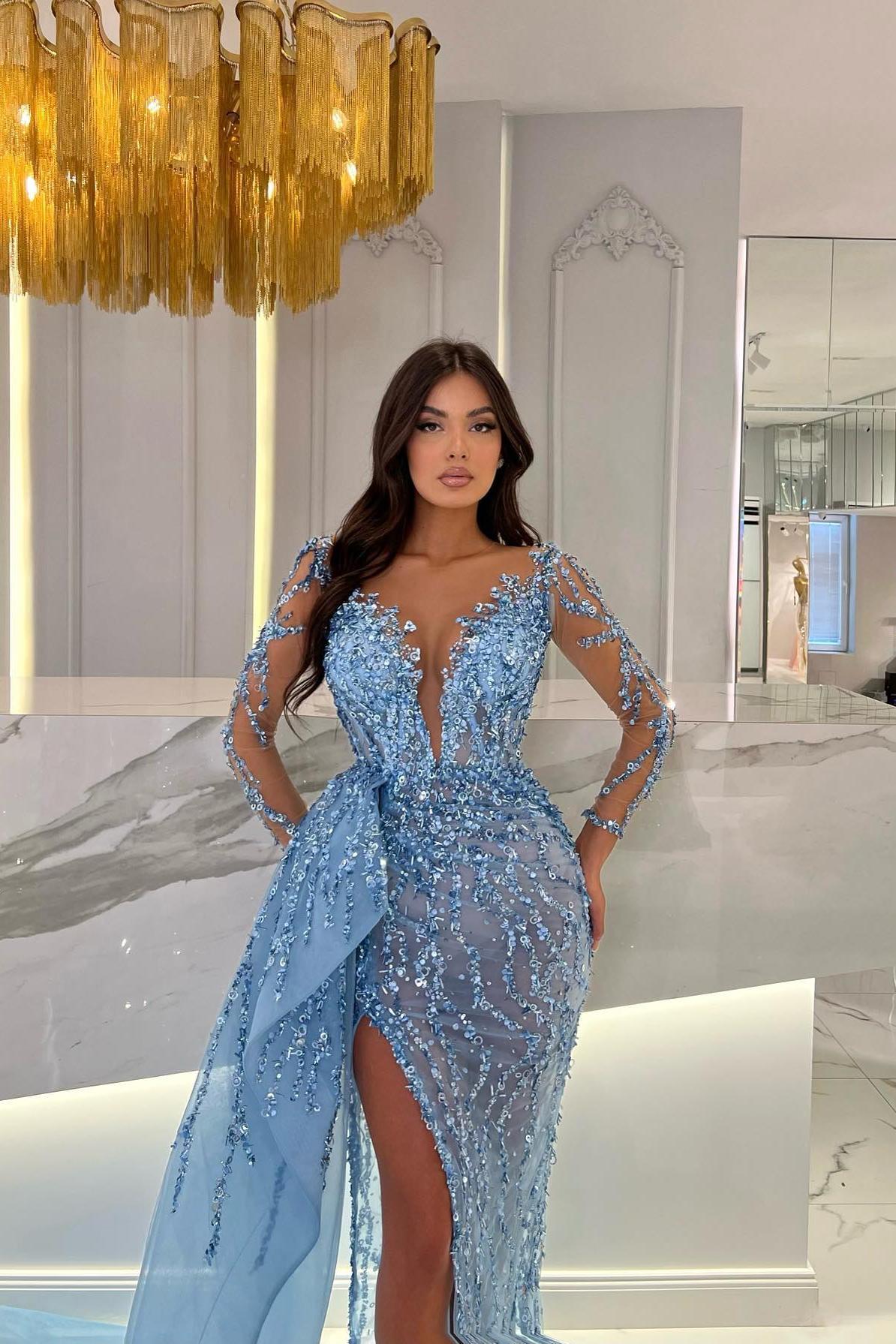 Blue Mermaid Prom Dress Long Sleeve Crew Neck Formal Dress With Beadings