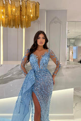 Blue Mermaid Prom Dress Long Sleeve Crew Neck Formal Dress With Beadings