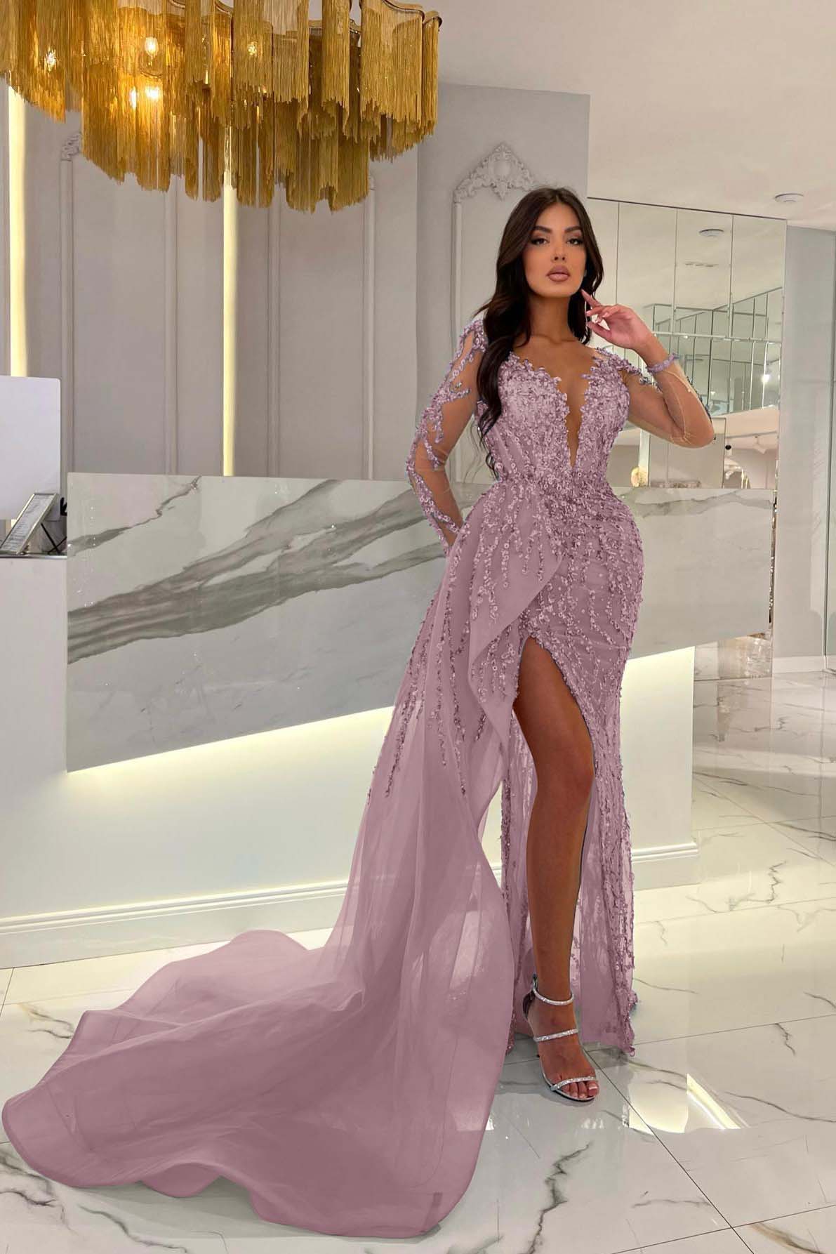 Blue Mermaid Prom Dress Long Sleeve Crew Neck Formal Dress With Beadings