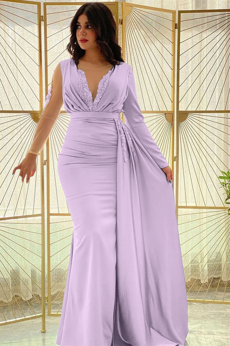 Blue Mermaid Prom Dress Long Sleeve Crew Neck Formal Dress With Beadings and Rhinestones