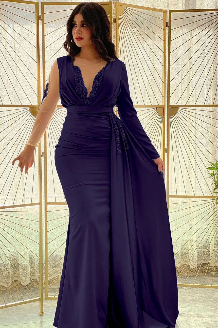 Blue Mermaid Prom Dress Long Sleeve Crew Neck Formal Dress With Beadings and Rhinestones