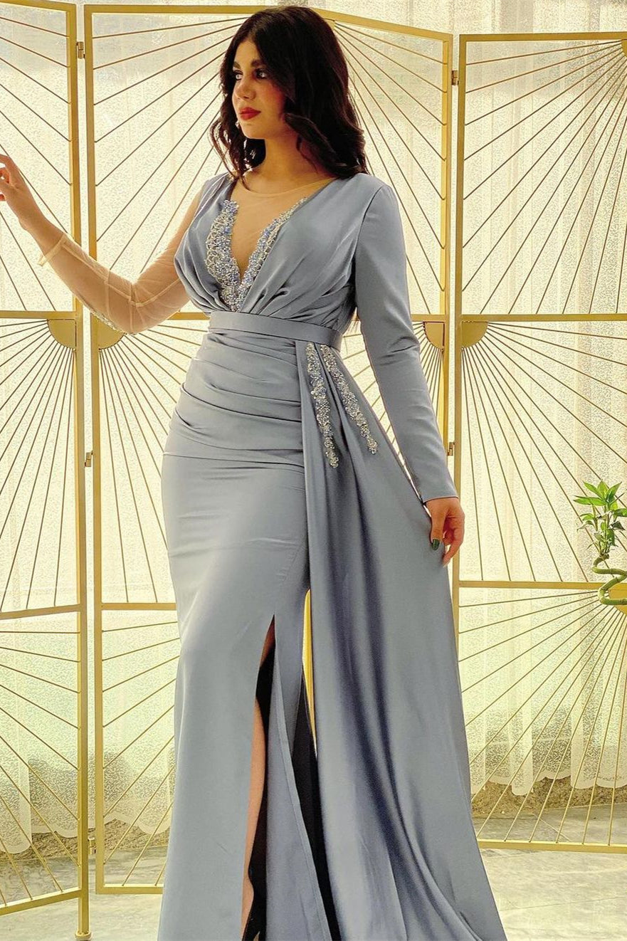 Blue Mermaid Prom Dress Long Sleeve Crew Neck Formal Dress With Beadings and Rhinestones